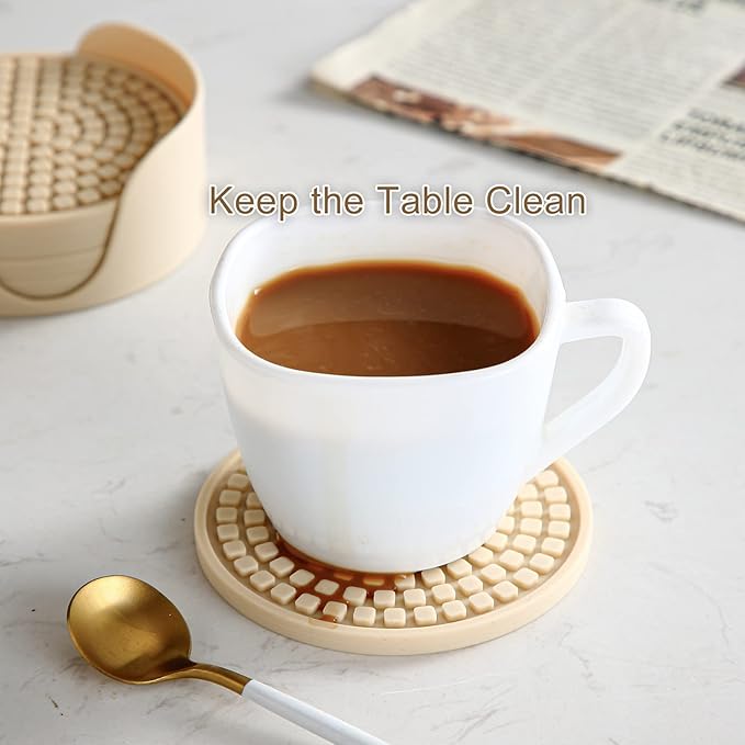 Colinda Silicone Drink Coasters with Holder, Set of 6, Outdoor Cup Mat for Hot or Cold Drinks, Thickened, Non-Slip,Non-Stick, Brown