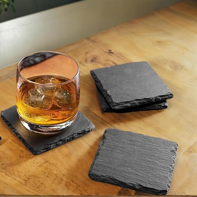 24 Pack 4 inch Round Slate Coasters,Handmade Natural Rough Edge,with Integral Anti-Skid pad,Laser Engraving Blanks,Stone Coasters