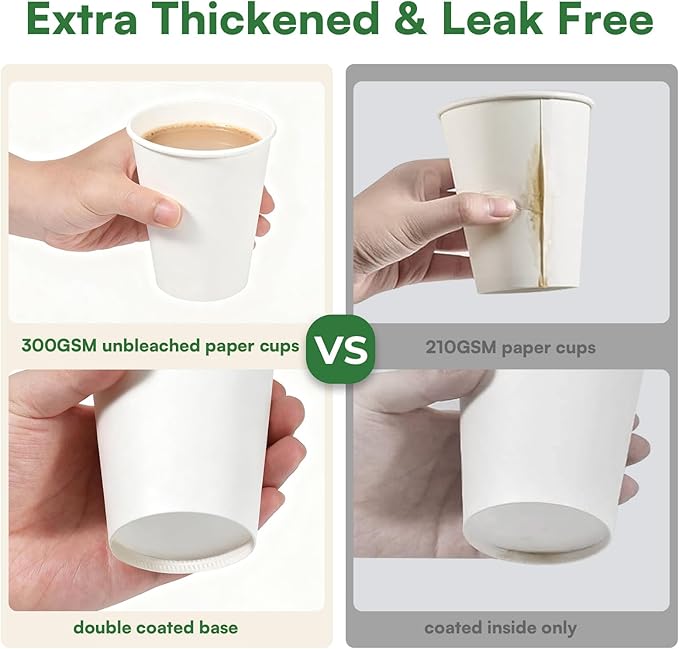 White Paper Cups 8 oz Disposable Coffee Cups, 300 Pack BPA Free Hot Cups, 300GSM Thickened White Disposable Cups, Bulk Small Drink Cups for Everyday Office Coffee Bar Supply Party Essentials