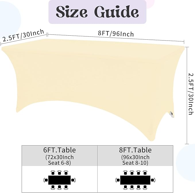 HAISIWLKJ 6 Pack Table Cloth 8ft Beige Tablecloths for Rectangle Folding Table Spandex Fitted Stretch Cover Wrinkle Resistant Washable Protector for Party, Wedding, Banquet, Festival.