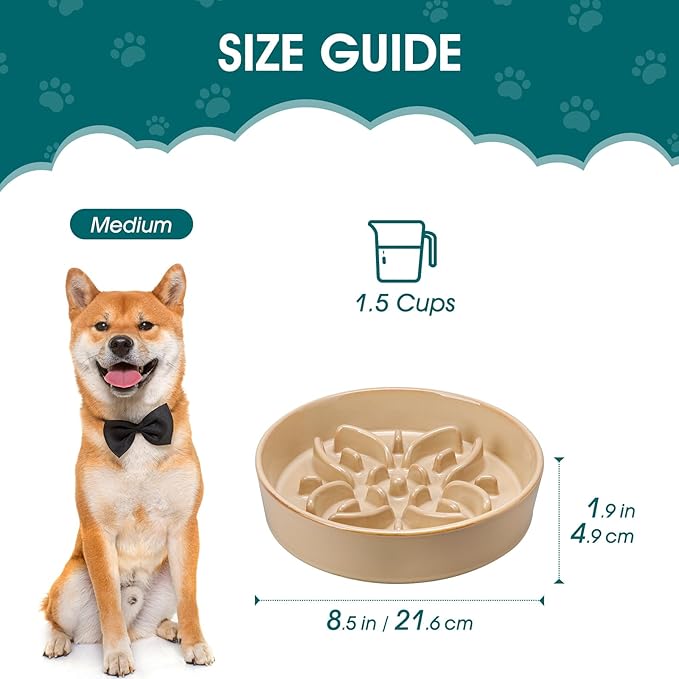 vancasso Ceramic Slow Feeder Dog Bowls, Puzzle Dog Food Bowls with Floral Maze, Anti -Slip Pet Food Dish for Medium Breed, 1.5 Cups, Brown