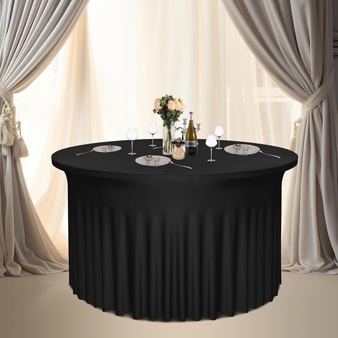 4 Pack Black Round Table Skirt, 60 Inch Diameter x 30 Inch Height, Stretch Polyester Spandex Tablecloth for 5ft Round Tables, Stain & Wrinkle Resistant for Wedding, Banquet Decor