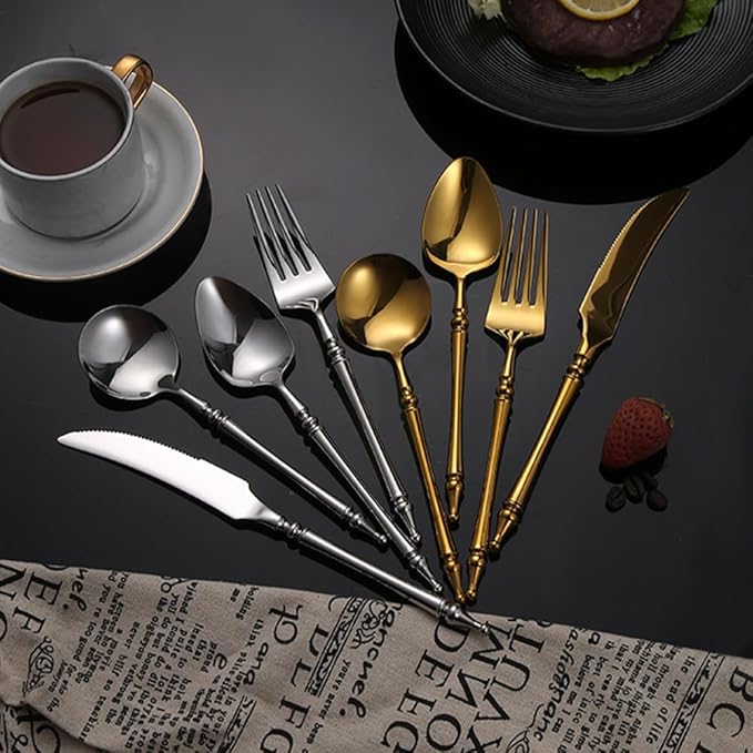 Gold Silverware Set for 16 Premium 18/10 Stainless Steel Flatware Set 64 Piece Include Knives Forks and Spoons Cutlery Utensils Light Luxury Vintage Style for Home Kitchen Christmas Restaurant