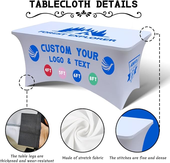 Personalized Table Cloth with Logo Image Customized Tablecloth 4FT/5FT/6FT/8FT Spandex Customized Table Cover Promotional Business Tradeshow Events Birthday Party Wedding (4FT Spandex(Open back))