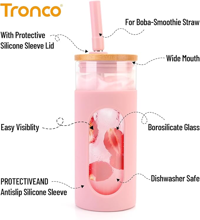 Tronco 20oz Glass Tumbler with Bamboo Lid and Straw, Reusable Iced Coffee Cup for Boba Tea, Smoothies & Cold Drinks, Spill-Proof Glass Cup with Silicone Sleeve, Dishwasher Safe, BPA-Free (Pack of 1)
