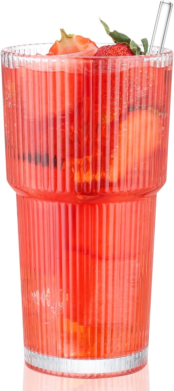20 Oz Glass Cups and Straw 6 Set, Glass Tumbler with Straw, Vintage Glassware for Whiskey Cocktail Beer, Iced Coffee Cups (6 PACK)