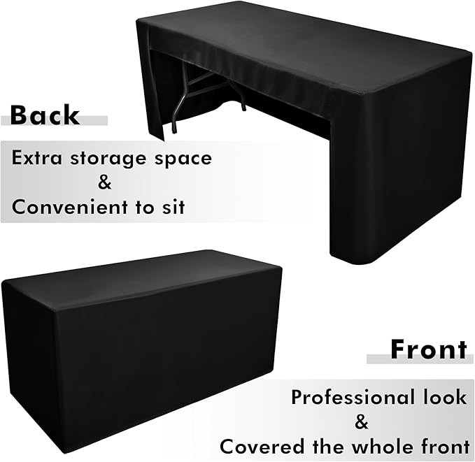 Nasitos 4 Pack Fitted Black Tablecloths for 6 foot Rectangular Tables-Washable and Wrinkle Resistant Trade Show Table Cover, Open Back Folding Table Cloth for Craft Show, Parties, Events, Vendor Booth