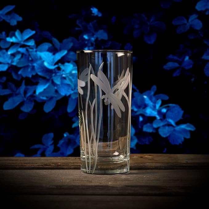 Rolf Glass Dragonfly Highball Glass 15 ounce - Set of 4 Cooler Glasses – Lead-Free Glass - Etched Drinking Glass with Heavy Base - Made in the USA