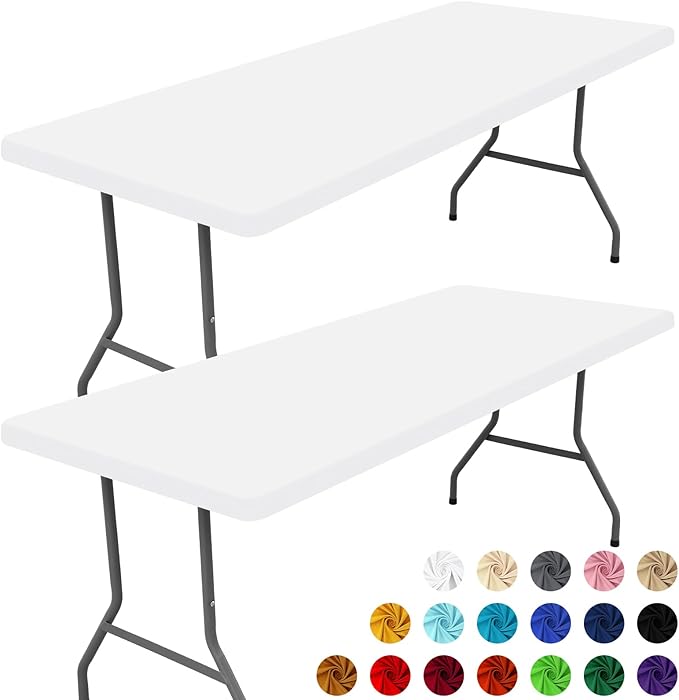 Spandex 4 Foot Rectangle Table Cloth 2 Pack, Elastic Fitted Tablecloths for Picnic, Stretch Washable Patio Table Cover for Outdoor, Camping, Banquet and Parties (White, 30"x48")