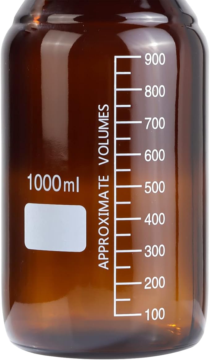4 Pieces Amber Glass 1000 mL Graduated Round Lab Reagent Media/Storage Bottle With GL45 Red Screw Cap