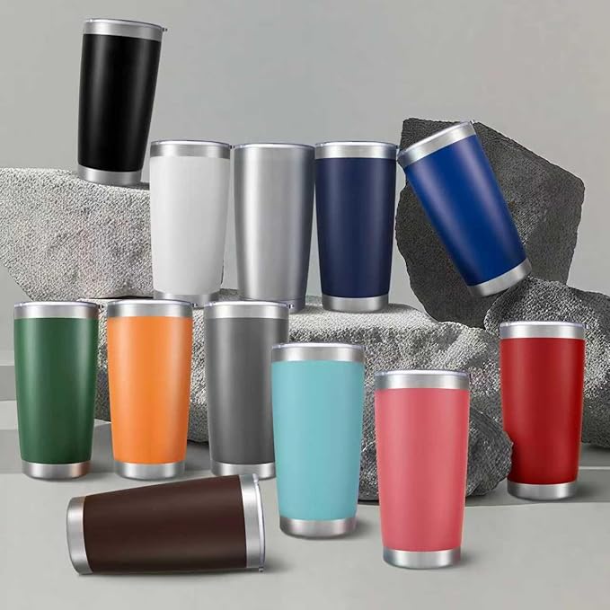 20 oz Tumbler Bulk with Lid Stainless Steel Insulated Tumblers Double Wall Vacuum Coffee Mug Powder Coated Tumbler Cups for Cold and Hot Drinks, White, 12 pack