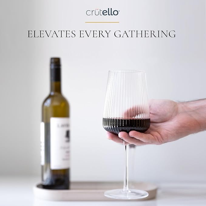 Crutello Modern Wine Glasses 17 oz Glassware, Set of 4, Unique Fluted Glassware with Vintage Ripple Texture, Art Deco Red or White Wine Fancy Glasses