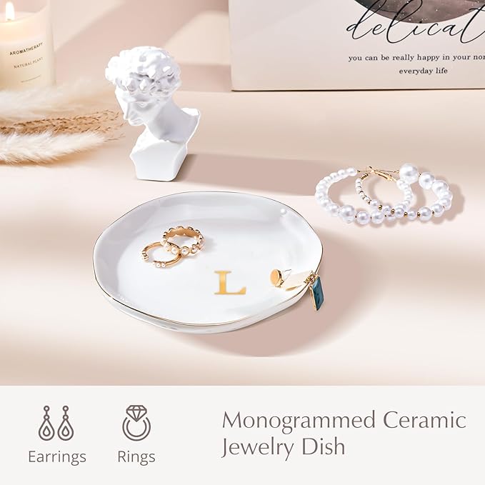 ProCase Ceramic Jewelry Tray, Initial Ring Dish Trinket Plate Engagement Gift, Small Personalized Monogram Ring Bowl for Wedding, White Decorative Jewelry Holder for Women Vanity -Letter L
