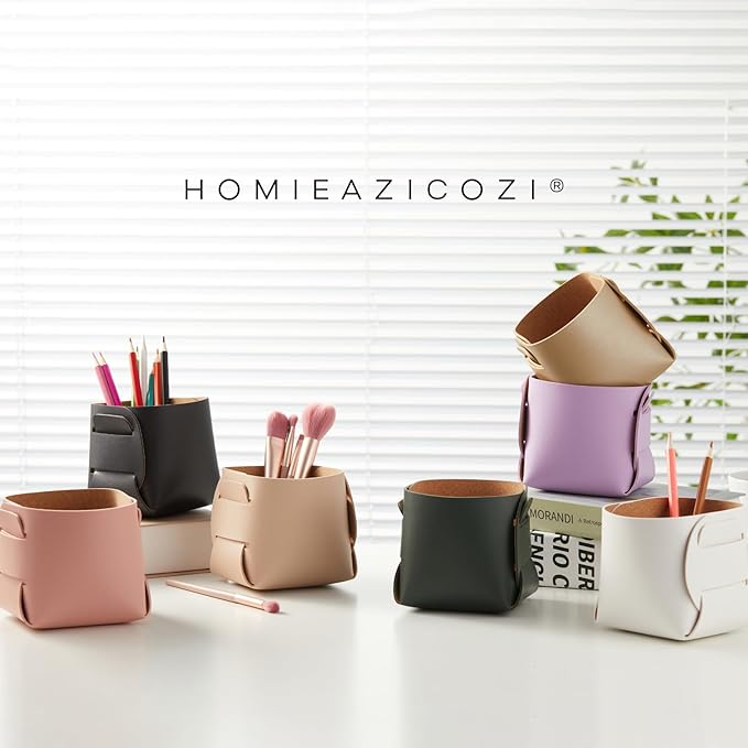 HOMIEAZICOZI 2-Pack Cork Leather Desk Accessories Storage - Pencil Pen Holder - Makeup Brush Holder Organizer - Stylish Addition to Home Decor (Black)