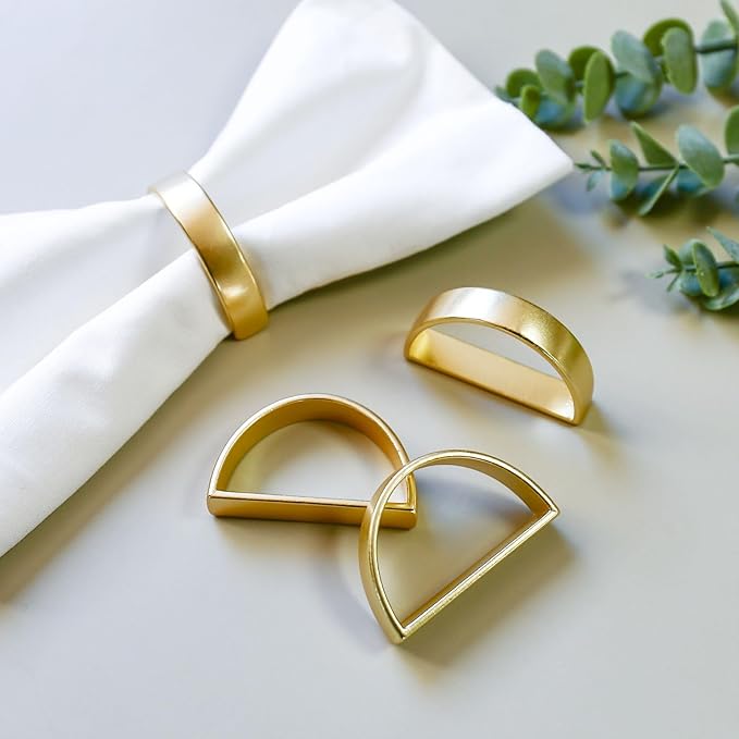 Matte Gold Napkin Rings Set of 8, Metallic Bronze Napkin Ring Holder Glossy Serviette Buckles for Wedding,Banquet, Dinner,Party,Table Settings (Matte Gold Semicircle)