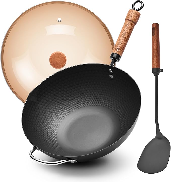 WANGYUANJI Carbon Steel Wok with Lid, 12.6" Hammered Stir Fry Pan with Helper Handle & Iron Spatula, Thickened Heavy Duty Flat Bottom Wok for Induction, Electric & Gas Stoves, Metal Utensil Safe