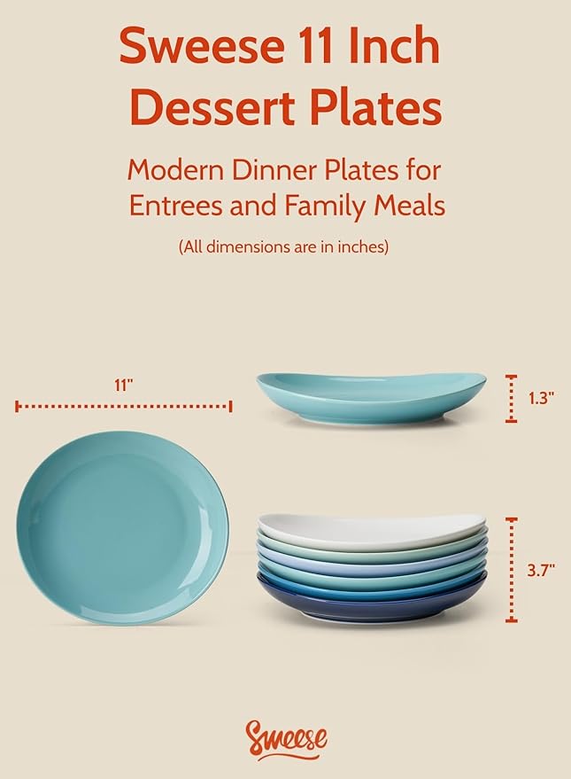 Sweese Porcelain Dinner Plates - 11 Inch Dinner Plates Set of 6 - Dishwasher, Microwave, Oven Safe - Azure Dreamscape Color