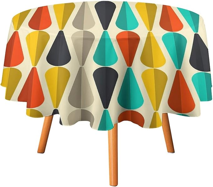 Vintage Bohemian Mid Century Round Tablecloth, Retro 50s 60s Geometric Pattern Print Tablecloth for Home Party Dining Room Kitchen Decor 70Inch(178cm)