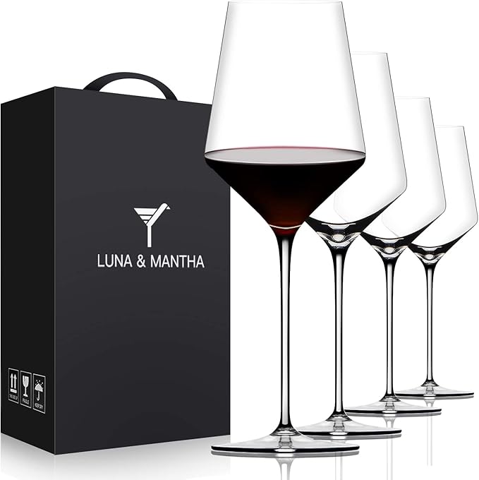 Red Wine Glasses Set of 4, Premium Crystal Wine Glasses Hand Blown,15 oz,Thin Rim,Long Stem,Perfect for Red or White,Daily Use,Unique Wedding Anniversary or Birthday Gift