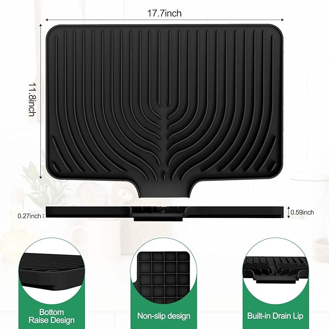 GUUKIN Dish Drying Mat, 17.7" x 11.8 " Drying Matt Kitchen Counter,Non-Slip Drying Pad, Easy Clean Pad for Countertop Protection, Multi-Functional Use (Black)