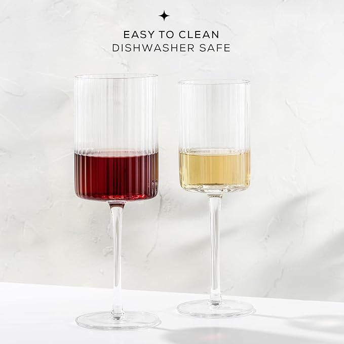 JoyJolt Elle Fluted Wine Glasses, 17.5oz Red Wine Glass Set of 2, Unique Stemmed Glass, Big Long Stem Cocktail Vintage Style Drinking Glasses
