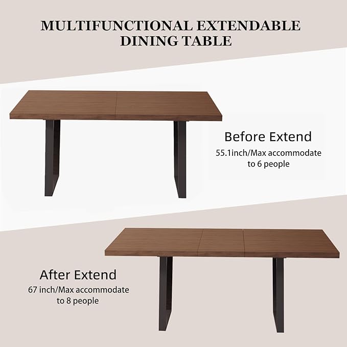 ZckyCine 67" Expandable Walnut Dining Table with 6 PU Leather Chairs, 7-Piece Modern Dining Set, Sturdy Metal Legs, Adjustable 51"-67" Rectangle Table for Kitchen & Dining Room