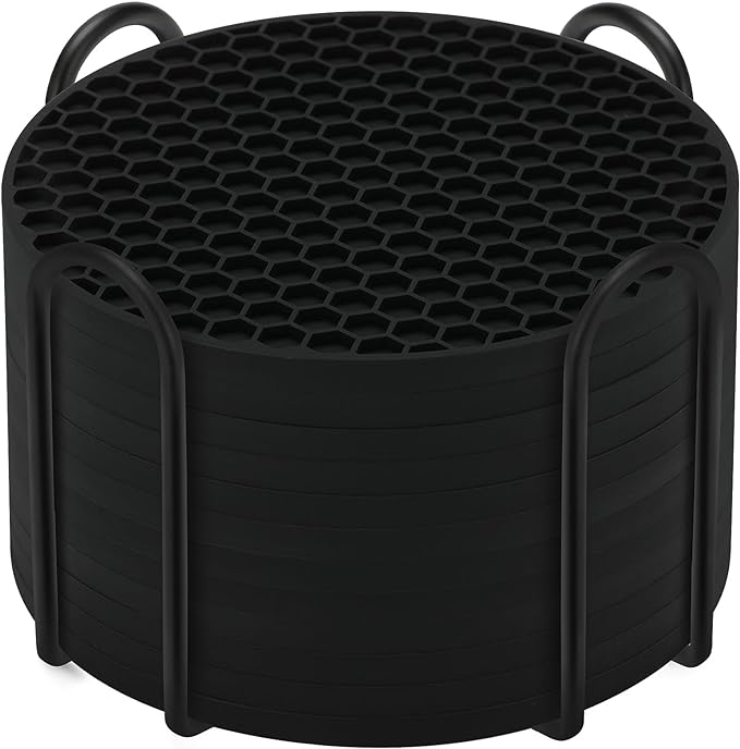 Silicone Coasters Set of 12 with Holder,Coasters for Drinks,Beer,Coffee Coasters,Suitable for Kinds Cups,Hot or Cold,Anti-SLI,Non-Stick,Anti-Overflow Tabletop Protection and Decor (12 Pcs, Black)