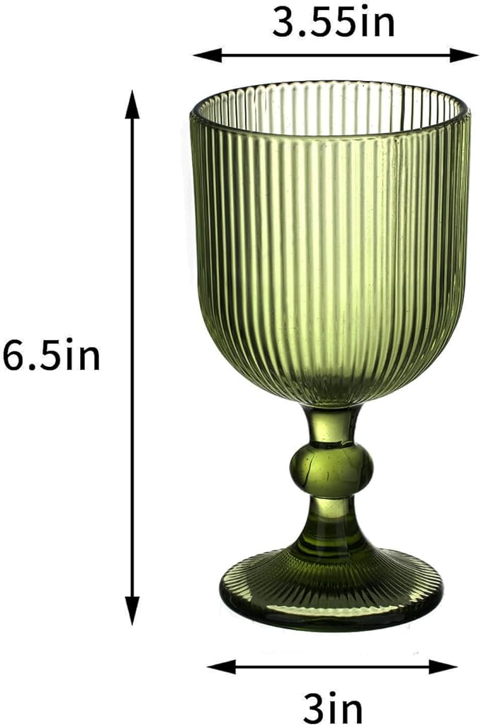 24 Pcs Green Vintage Wine Glasses, 11 Ounces Colored Glass Water Goblets, Unique Embossed Pattern High Clear Stemmed Glassware Wedding Party Bar Glass Drinking Cups Fancy Glasses Vertical Line Set