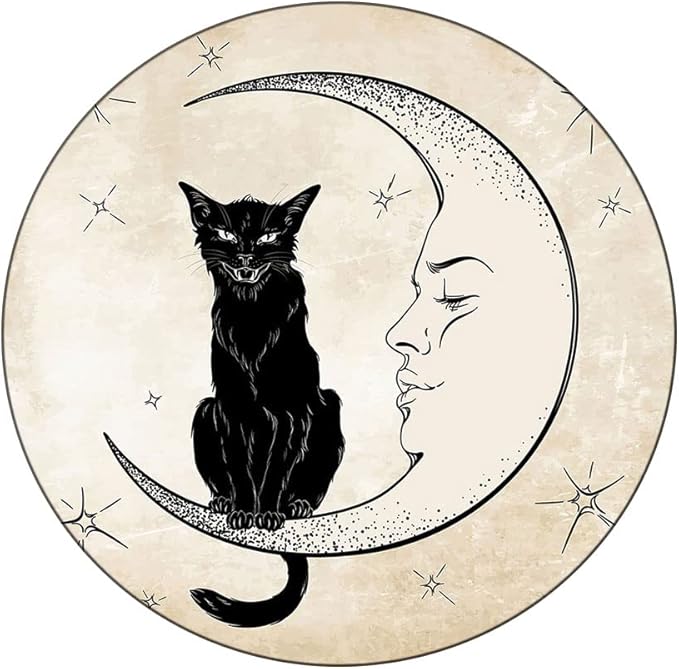 Polyester Tablecloth, Moon Waterproof Oil-Proof PVC Table Cloth, Black Cat Sitting on White Crescent Moon, Fit Round Tables 28inch Diameter, for Xmas/Parties/Home, Sand Brown Black
