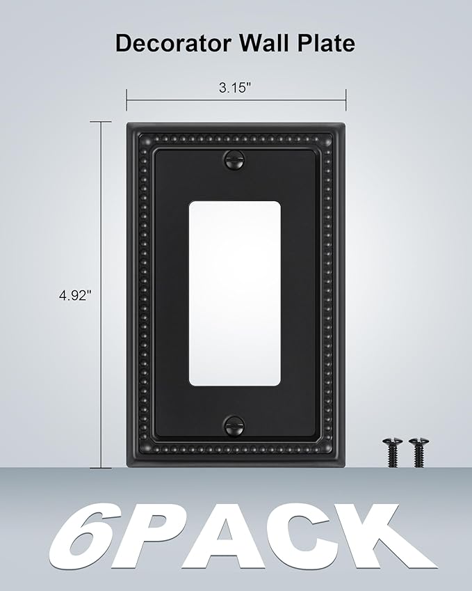 6-Pack Decorator Outlet Cover Plate, Pearls Decorative Switch Plates and Outlet Covers, Black Metal Wall Plates for Electrical Outlets, Receptacle, GFCI Outlet, Dimmer Switch