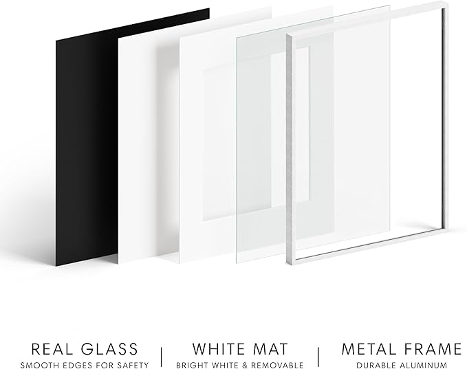 HAUS AND HUES 8x10 White Metal Picture Frame with Real Glass, Matted 5x7, Aluminum Tabletop or Wall Display with Easel Back and Hanging Kit