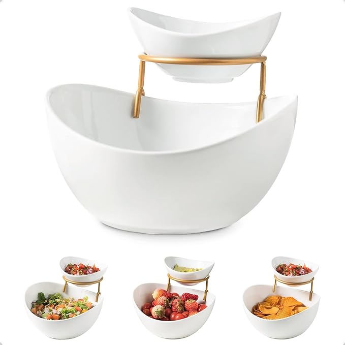 YHOSSEUN Chip and Dip Serving Set 2 Tiered Chip Dip Bowls with Metal Rack for Appetizer, Snacks - Large Chip Bowl 45 oz Small Dip Bowl 7 oz-Serving Bowls for Party, Food Dispaly - Gold Stand