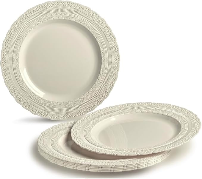 OCCASIONS 80 Plates Pack (40 Guests), Heavy Duty Fancy Ivory Plastic Wedding Plates, 40x11" Dinner + 40x8.25" Salad/Dessert, Disposable Reusable Elegant Vintage (Chateau Ivory)