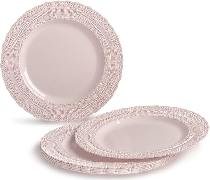 " OCCASIONS " 80 Plates Pack,(40 Guests) Extra Heavyweight Vintage Wedding Disposable/Reusable Plastic Plates 40x11'' Dinner+40 x 8.25'' Salad/Dessert Plate (Chateau Blush Pink)