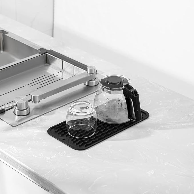 Silicone Dish Drying Mat for Multiple Usage,Easy clean,Eco-friendly,Heat-resistant Silicone Mat for Kitchen Counter or Sink,Refrigerator or Drawer Liner Black S 12 inches x 6 inches