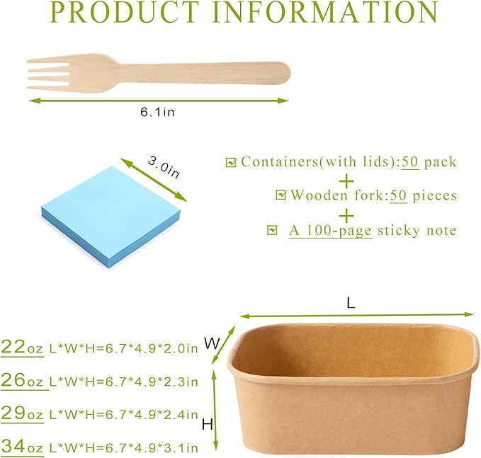 50-Pack 22oz Kraft Paper Bowls Disposable with Lids and Wooden Forks, Disposable Meal Prep Containers Paper Food Prep Containers with Lids, To Go Container for Hot Soup/Salad, Freezer & Microwave Safe