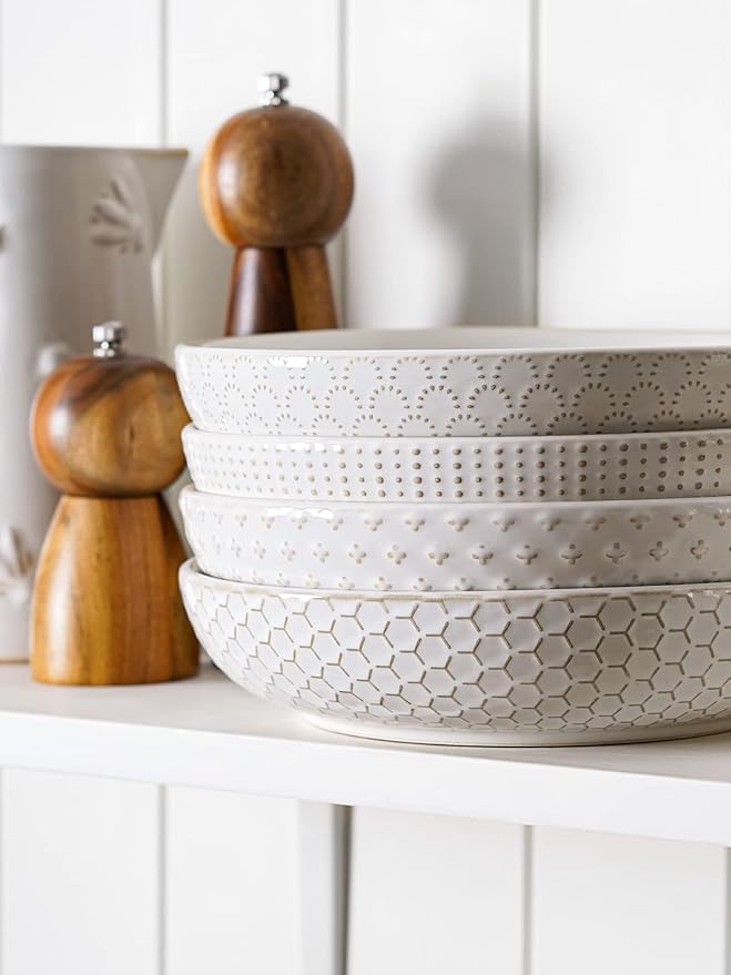 LE TAUCI Pasta Bowls 42oz, Large Salad Bowl, Ceramic Embossment Stoneware Serving Plate for Fruits, Noodle, Dinner, House-warming Wedding Present - 9 Inch, Set of 4, Arctic White