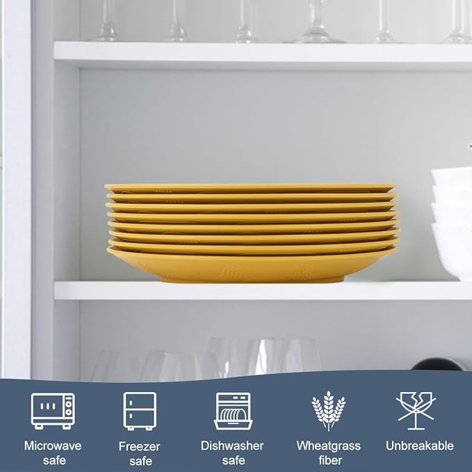 Homienly Flat Dinner Plates Set of 8, Alternative to Plastic, Microwave & Dishwasher Safe, Wheat Straw, Unbreakable Kids Plates (Yellow, 10 inch)