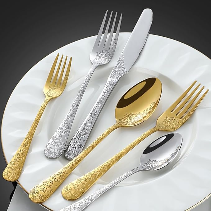 20-piece flowers TWEE Silverware Set for 4, Palace Style Stainless Steel Flatware Cutlery Serving Utensils, Eating Tableware for Home Kitchen Hotel Restaurant, Mirror Polished