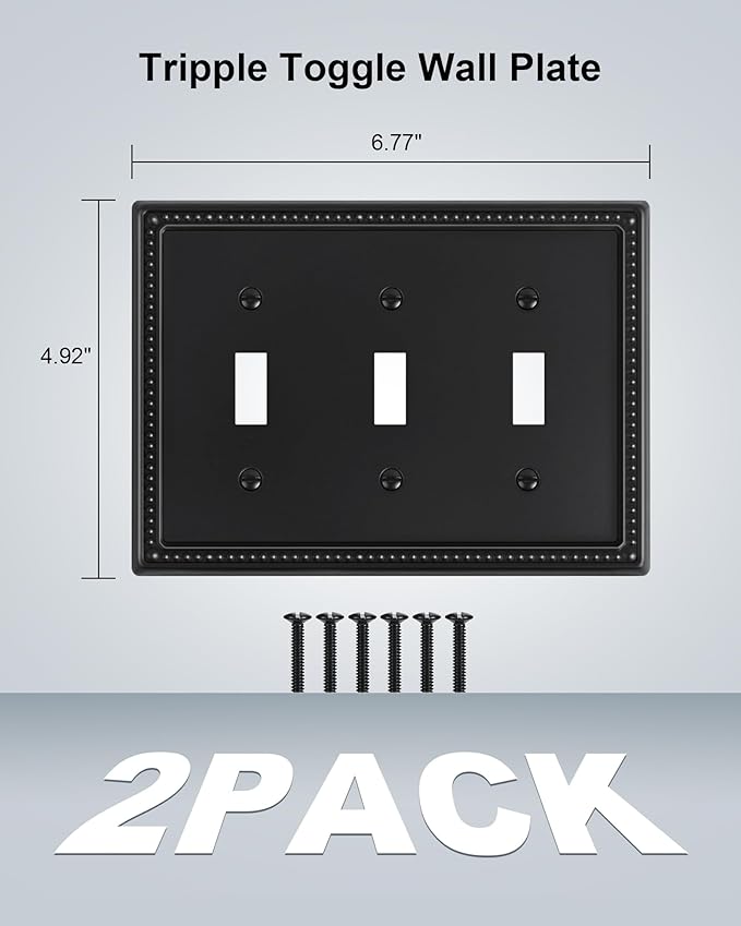 2-Pack Triple Toggle Light Switch Cover Plate, Pearls Decorative Switch Plate Covers, Black 3 Gang Metal Wall Plate, Corrosion Resistant