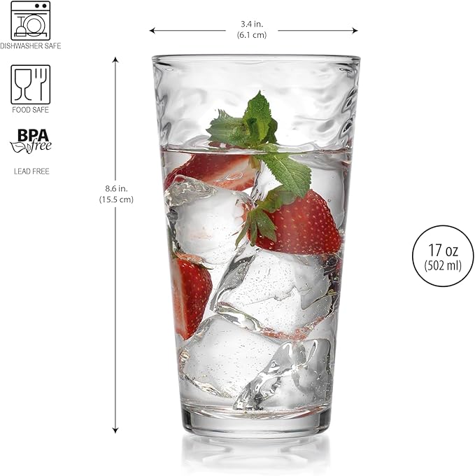 Glaver's Hammered Glass Cups. Cocktail Drinking Glasses Set of 6 Tall Kitchen Glasses, 17 oz Water Glassware For Bar, Juice, Beer, Iced Tea, Everyday Cordial Glasses Drinkware.