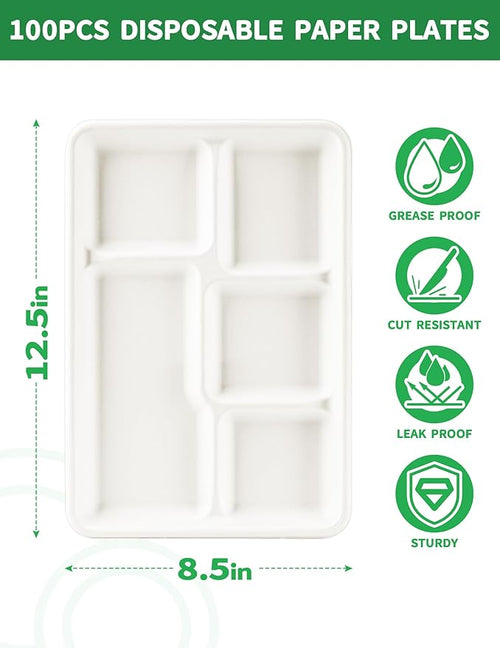 100% Compostable 5 Compartment Plates - 100 Pack Heavy Duty Lunch Trays, 12.5x8.6 Inch Disposable Bagasse Plates for School, Party, Buffet | Eco-Friendly Paper Trays with Dividers