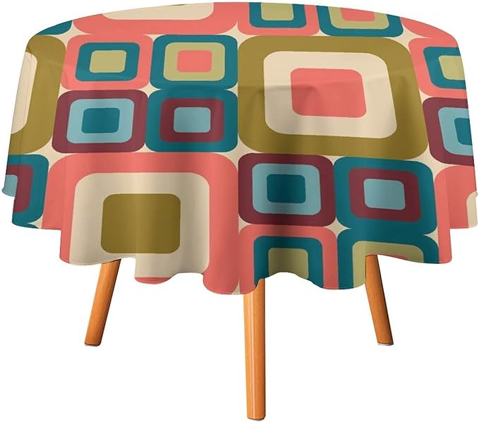 Abstract Geometric Round Tablecloth, Mid Century Modern Middle Century Abstract Patterns Print Tablecloth for Home Party Dining Room Kitchen Decor 60Inch(152cm)