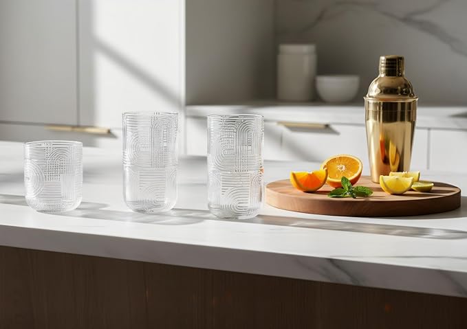 Glaver's Urban 8-Piece Premium Textured Glassware Set. 4 Highball 17oz Drinking Glasses and 4 DOF 13.2 oz Whiskey Glass Tumblers – Elegant Ribbed Arch Textured Design for Water, Juice, Cocktails.