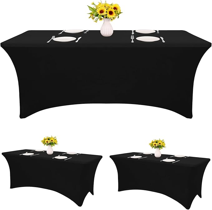 HAISIWLKJ 3 Pack Table Cloth 6ft Black Tablecloths for Rectangle Folding Table Spandex Fitted Stretch Cover Wrinkle Resistant Washable Protector for Party, Wedding, Banquet, Festival