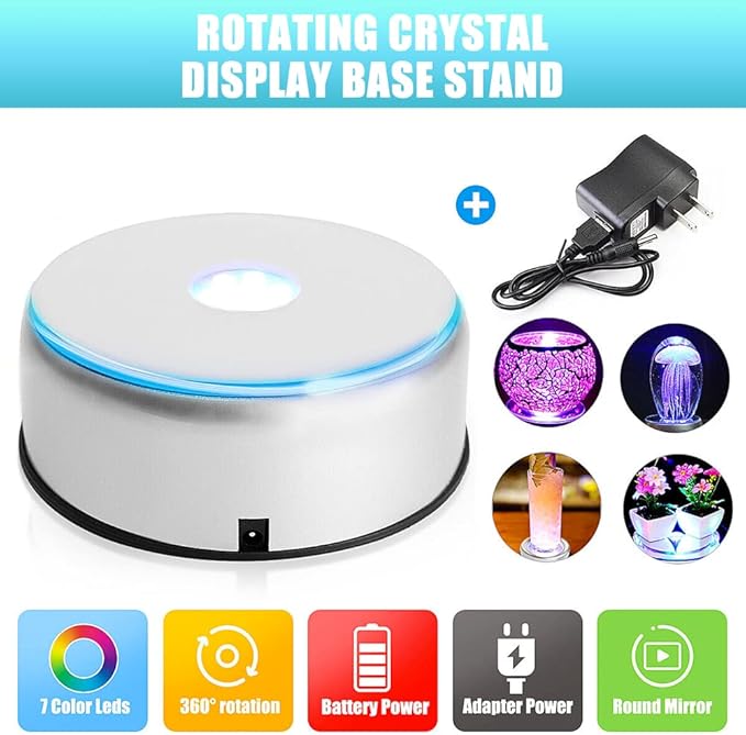 Watris Veiyi 4" LED Colorful Rotating Display Base, Light Rotating Crystal Display Base, Display Base Stand Turner for Crystals Glass Art and Cup