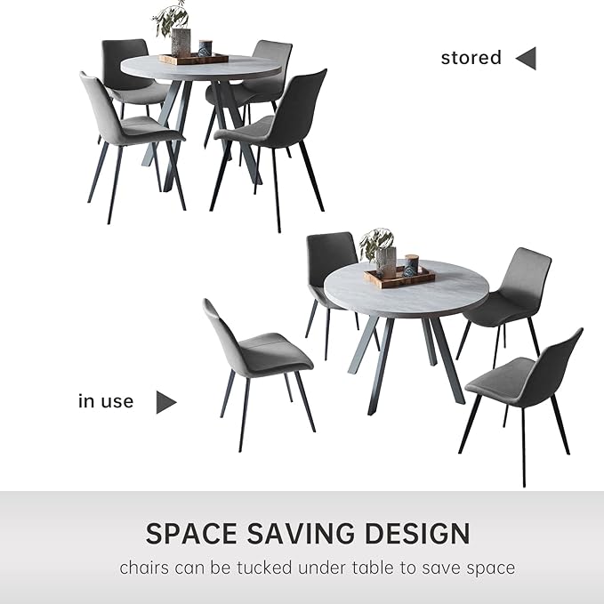 Round Dining Table Set, Mid Century Modern Small Round Dining Table Set, Saving Space (Table + 4 Grey Chairs)