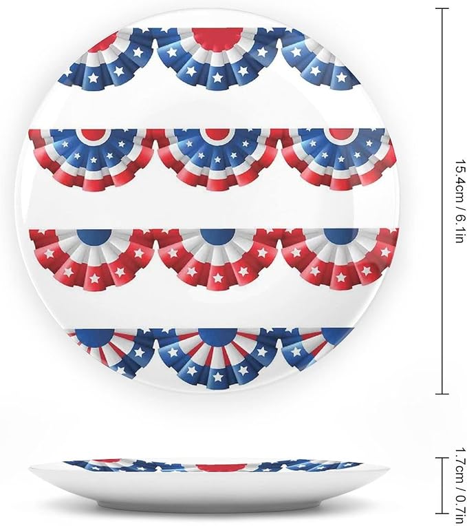Decorative Plates, American Flag Decor Print Ornament, Flag Round Bunting Election Ornament Pattern, 6 Inch, Kitchen Wall Decor, Blue Red