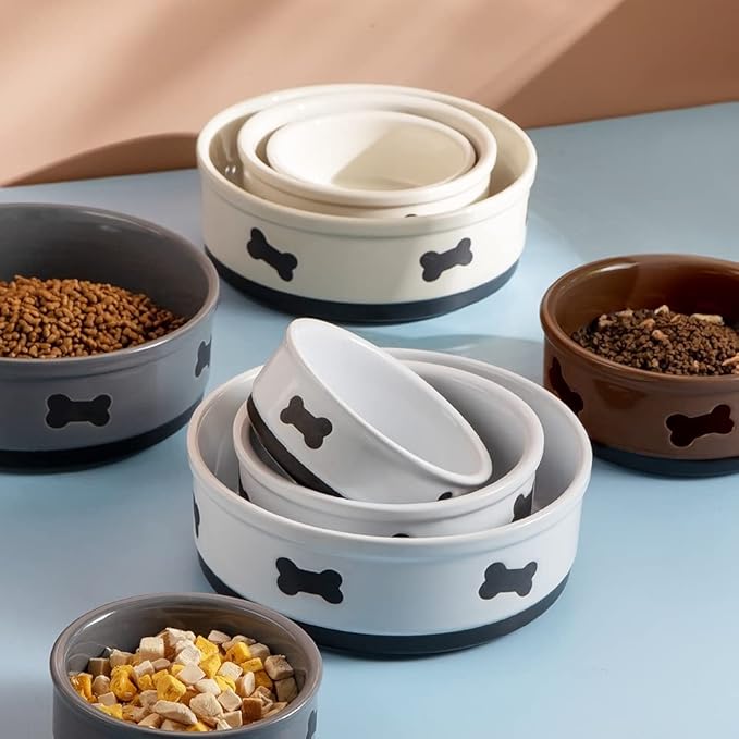 Sweejar Ceramic Dog Bowls with Bone Pattern, Dog Food Dish for Small Dogs, Porcelain Pet Bowl for Water 16 Fl Oz (White)