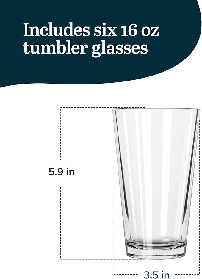 Libbey Bar Essentials Tumbler Glasses Set of 6, Modern Style 16 Oz Glass Set, Dishwasher Safe Tall Drinking Glasses Set for Wine, Beer, and Cocktail